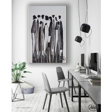 Şehber Tekli Dikey Kanvas Tablo Siyah Beyaz Soyut Insanlar Kanvas Duvar Tablosu