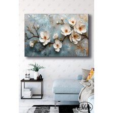 Şehber Tekli Yatay Dekoratif Kanvas Tablo Salon Yatak Odası Kafe Ofis 3D Beyaz Çiçekler