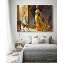 Şehber Tekli Yatay Kanvas Tablo Vintage, Yağlı Boya Eskitme, Sarı Elbiseli Kadın, Dekoratif Duvar Tablosu