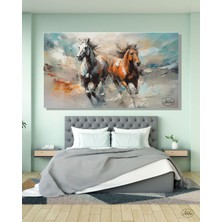 Şehber Tekli Yatay Kanvas Tablo, Yağlı Boya Efektli Vahşi Yılkı Atları, Dekoratif Duvar Tablosu