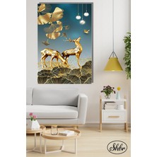 Şehber Tekli Dikey Kanvas Salon Yatak Odası Mutfak Ofis Duvar Tablosu Soyut Sanat Altın Geyik