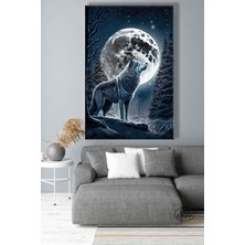 Şehber Tekli Dikey Kanvas Tablo Dolunay ve Kurt Hayvan Tasarım Kanvas Duvar Tablosu