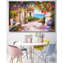 Şehber Tekli Yatay Kanvas Tablo, Yağlı Boya Efektli, Taş Ev ve Deniz Manzarası , Dekoratif Duvar Tablosu