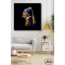 Şehber Tekli Kare Kanvas Duvar Tablosu Salon Yatak Odası Mutfak Kafe Ofis Inci Küpeli Kedi Vermerr