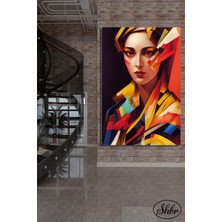 Şehber Tekli Dikey Kanvas Dekoratif Duvar Tablosu Geometrik Illüstrasyon Kadın Portresi