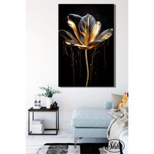 Şehber Tekli Dikey Kanvas Dekoratif Salon Yatak Odası Mutfak Ofis Duvar Tablosu Gold Efekt Siyah Çiçek