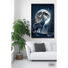 Şehber Tekli, Dikey, Kanvas, Dekoratif, Duvar, Tablosu , Siyah Beyaz, Dolunay, Kurt, 3d,