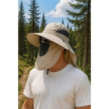 Mustran Güneş Koruyuculu Nefes Alabilen Maskeli Ve Boyun Kapaklı Geniş Kenarlı Balıkçı Şapkası Gri