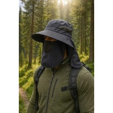 Mustran Güneş Koruyuculu Nefes Alabilen Maskeli Ve Boyun Kapaklı Geniş Kenarlı Balıkçı Şapkası Gri