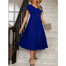 Gacha Kadın Kısa Kollu V Yakalı Önden Pileli Midi Janjan Krep Elbise