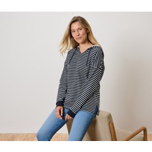 Tchibo Kadın Kapüşonlu Sweatshirt,lacivert Çizgili