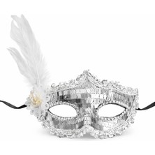 Epilons Gümüş Tüylü Payetli Lüks Taşlı Parti Maskesi
