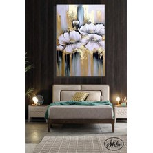 Şehber Tekli Dikey Kanvas Dekoratif Salon Yatak Odası Mutfak Ofis Duvar Tablosu Gold Efekt Beyaz Çiçekler