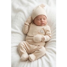 Bebeqon 5 Parça Hastane Çıkış Seti Kruvaze Üst Alt Eldiven Şapka Ve Önlük Takımı Organik %100 Pamuk Bej