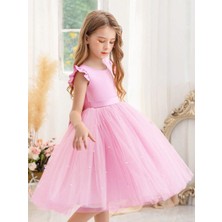 NSM Life Kız Çocuk Incili Fırfır Kol Elbise Mezuniyet Doğum Günü Özel Gün Abiye Elbise