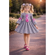 Zepkids Kız Çocuk Pötikare Elbise Pembe Kurdele Detaylı Şık Günlük Çocuk Elbisesi