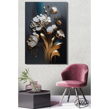 Şehber Tekli Dikey Kanvas Salon Yatak Odası Mutfak Ofis Duvar Tablosu Gold Efekt 3D Beyaz Çiçek