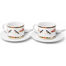 Tediks 2 Kişilik Porselen Kahve Fincanı Takımı – Kuş Desenli, Tabaklı ve Kaşıklı Türk Kahvesi Fincan Seti