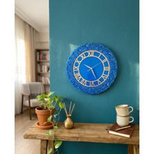 Af Epoxyart Duvar Saati - 35CM - Modern Dekoratif Duvar Saati - Epoksi Duvar Saati - El Yapımı Duvar Saati - Mavi+Gold Duvar Saati