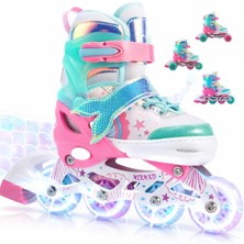 Sportaj Deniz Kızı Işıklı Paten 2+2 Kız Çocuk Pateni Silikon Teker,taşıma Çantalı 3 In 1 Teker