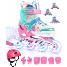 Sportaj Deniz Kızı Işıklı Paten Kask Koruma Seti 2+2 Kız Çocuk Pateni Silikon Teker,taşıma Çantalı 3 In 1