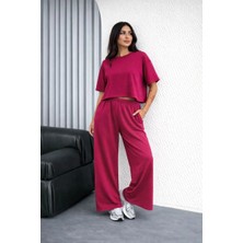 Mevese Kadın Flow Modal Yumuşak Dokulu Oversize Ikili Takım Bol Paça Pantolonlu Takım - Fuşya