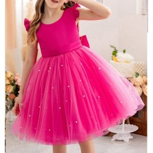 NSM Life Kız Çocuk Incili Fırfır Kol Elbise Mezuniyet Doğum Günü Özel Gün Abiye Elbise