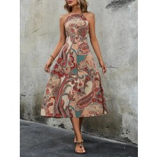 Kadın Kolsuz Boyundan Bağlamalı Beli Lastikli Dijital Baskı Süprem Uzun Elbise