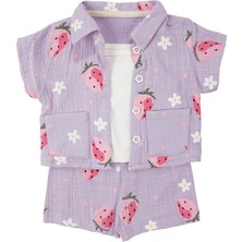 by BebekOdam Kız Bebek Lila Pembe Çilek Desenli Müslin Şortlu 3'lü Takım - 1016783