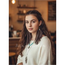 Jivva's Collection Boho Serisi Koleksyonu. Kahverengi Deri Püskül ve Dikdötgen Sallantılı Detaylı Boho Küpe.