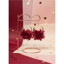 Jivva's Collection Özel Tasarım. Bohem Serisi Koleksyonu. Bordo-Gümüş Tül Çiçekli Halka Küpe