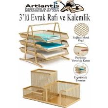 ArtMaster Altın Sarı Metal Evrak Rafı 3 Lü ve Masaüstü Kalemlik 1 Paket Masaüstü A4 Dosya 3 Katlı Düzenleyici Kağıt Tepsisi Metal