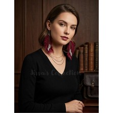 Jivva's Collection Boho Serisi Koleksyonu. Deri Püskül ve Yaprak Sallantılı Detaylı Boho Küpe. El Yapımı Özel