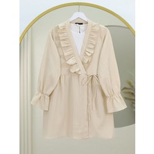 Modamorfo Önü Fırfırlı Bağlamalı Krinkıl Kimono -Bej