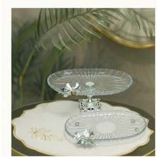 Alfafe Home 2 Li Paşabahçe Kristal Metal Ayaklı Gümüş Oval Düz Pasta Sunumluk Kurabiyelik