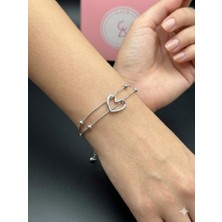 Alsem Gümüş Kaplama Italyan Model Minimalist Kalp Detaylı Çift Zincir Bileklik  , Saat Kombin Bilekliği