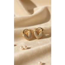 Solène Dion Zirkon Taşlı Kalp Tasarım Gold Çelik Küpe