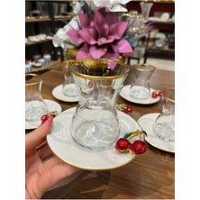 Alfafe Home Pandoranın Kutusu Porselen Tabaklı Paşabahçe Bardaklı Kirazlı 6 Kişilik Çay Bardağı Takımı