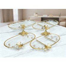 Alfafe Home Yeni Seri 4 Parça Paşabahçe Gold Yaldızlı Metal Ayaklı Sunum Seti Kurabiyelik Hediyelik