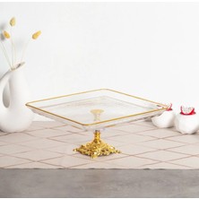 Alfafe Home Paşabahçe Kristal Metal Ayaklı Yaldızlı Kare Pasta Sunumluk Yılbaşı Özel