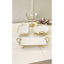 Alfafe Home 4 Parca Klasık Ayaklı Cam ve Porselen Sunum Setimiz Yaldız Detaylı