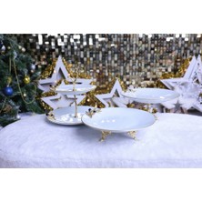 Alfafe Home 3 Parça Metal Ayaklı Porselen Pasta Sunumluk Kurabiyelik Şekerlik Set