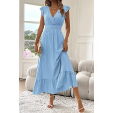 Mossta Kruvaze Yaka Bel Lastikli Müslin Elbise Mavi