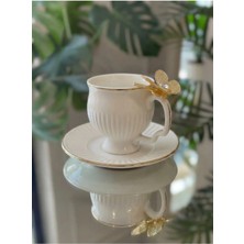 Alfafe Home 6 Kişilik Gold Kelebek Detaylı Porselen Kahve Fincanı ve Tabağı Seti Lüks Türk Kahvesi Fincanı