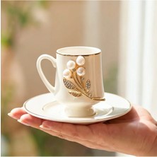 Alfafe Home Özel El Yapımı 6 Lı Porselen Inci Taşlı Çiçek Broşlü Gold Kahve Fincan Takımı
