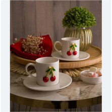 Alfafe Home Porselen Kiraz Desenli 4 Parça 2 Kişilik Kahve Fincan Takımı