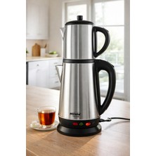 Microstar Elektrikli Çelik Çay Makinesi Çaycı Set 1.8lt Su Isıtıcı+ 0.8lt Demlik 1800W 360