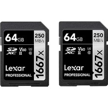 Lexar Professional 1667X Sd Kart 64 GB 2'li Paket, Bellek Kartı Sdxc Uhs-Iı, 250 Mb/s'ye Kadar Okuma, Sınıf 10, U3, V60, Profesyonel Fotoğrafçılar, Kameramanlar ve Meraklıları Sd (LSD1667064G-B2NAA)