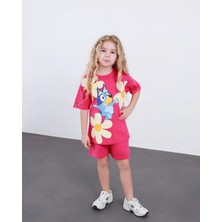 The Littles Kids Kız Çocuk Çiçekli Bluey Baskılı %100 Pamuklu Kumaş Beli Lastikli Cepli Bağcıklı Pembe Renk Şortlu Alt Üst İkili Takım