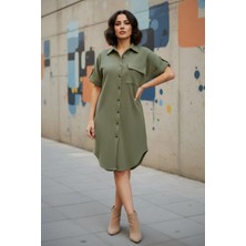 Mossta Kısa Kol Bürümcük  Düğmeli Rahat Kesim Gömlek Elbise - Yeşil